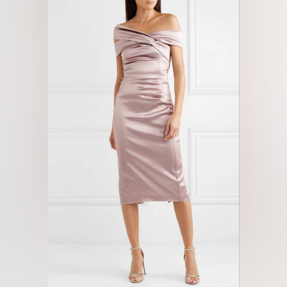 18. NWT TALBOT RUNOF OFF THE SHOULDER RUCHED DUCHESSE SATIN DRESS IN LILAC